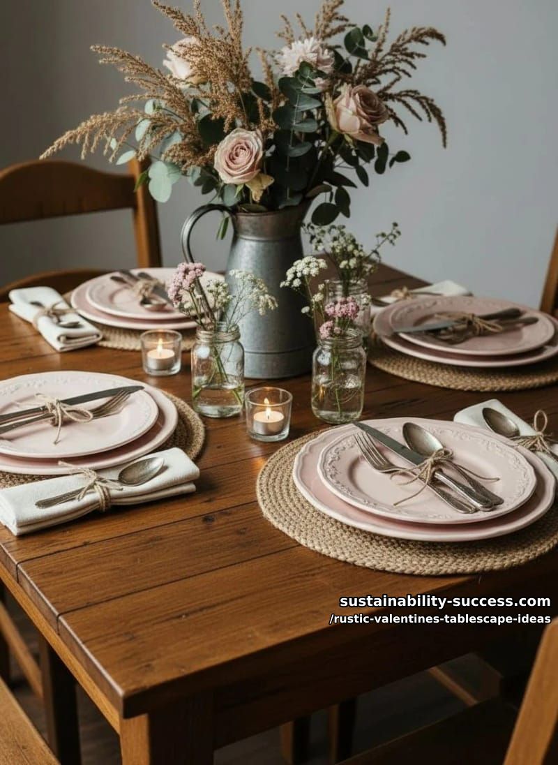 blush pink vintage plates with twine-wrapped silverware bundles 1