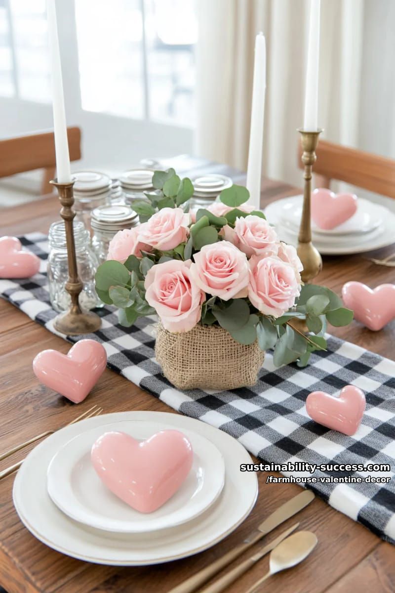 15 Must-Try Farmhouse Valentine Decor Ideas 18 buffalo plaid table runner with scattered ceramic hearts and candlesticks 1