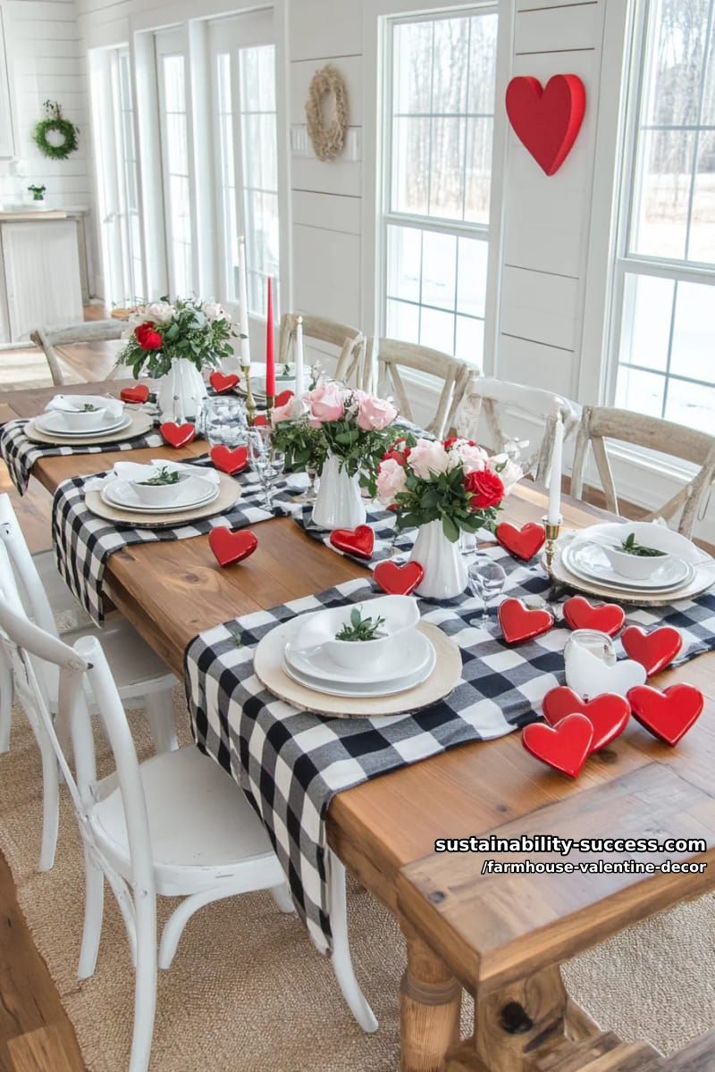 15 Must-Try Farmhouse Valentine Decor Ideas 19 buffalo plaid table runner with scattered ceramic hearts and candlesticks 1