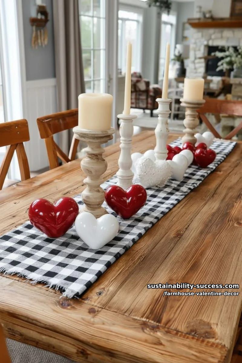15 Must-Try Farmhouse Valentine Decor Ideas 20 buffalo plaid table runner with scattered ceramic hearts and candlesticks 1