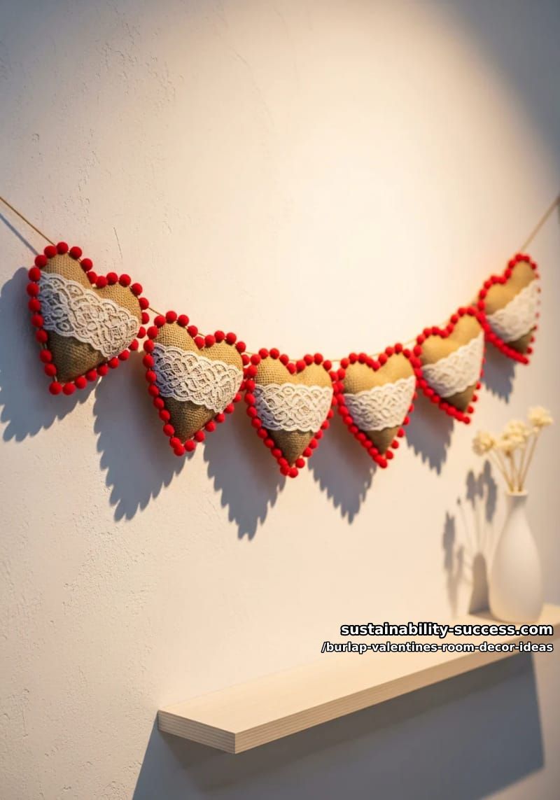 burlap heart garland with lace accents and mini red pom poms 1