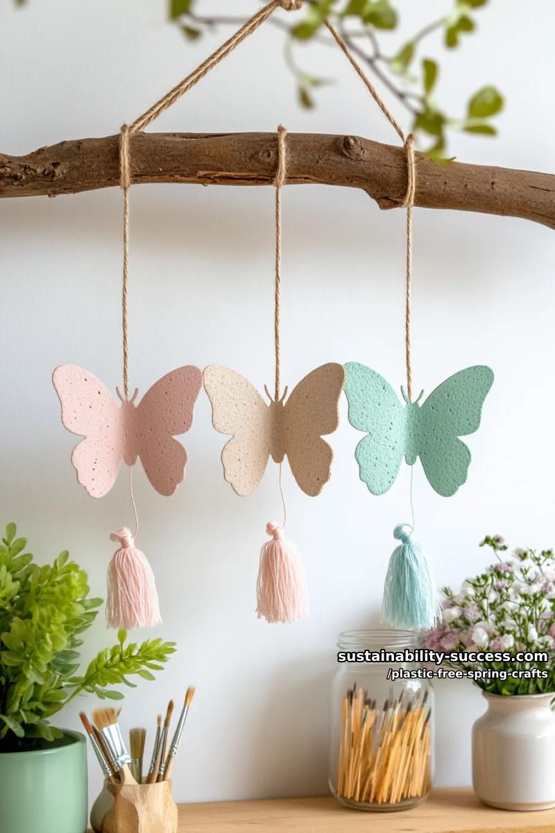 cardboard butterfly mobiles decorated with watercolor paint and yarn tassels 1