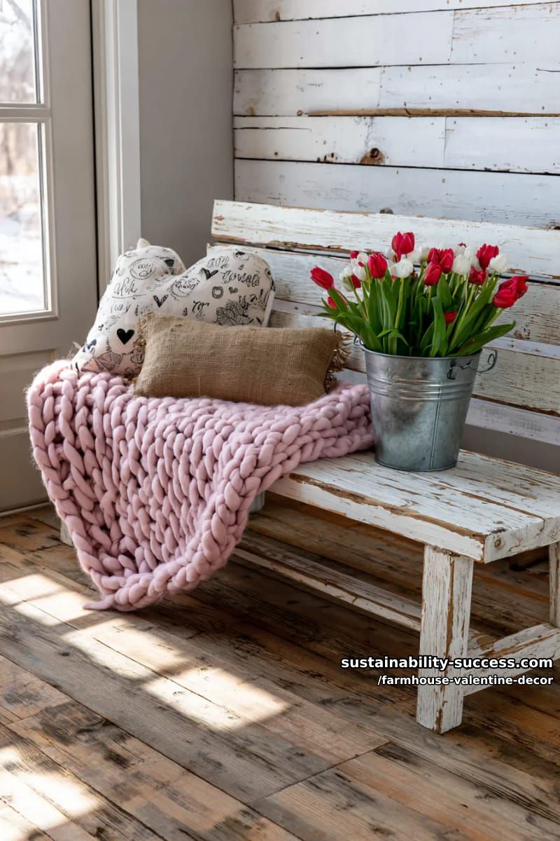 15 Must-Try Farmhouse Valentine Decor Ideas 32 chunky knit heart-shaped throw blanket draped over a farmhouse bench 1