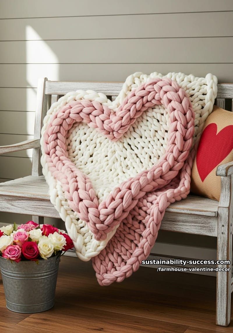 15 Must-Try Farmhouse Valentine Decor Ideas 33 chunky knit heart-shaped throw blanket draped over a farmhouse bench 1