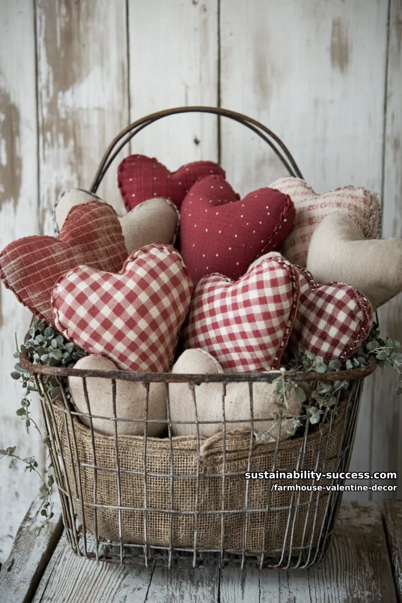 Sustainable Lifestyle Articles 6 country gingham and burlap heart pillows stacked in a rustic wire basket 7