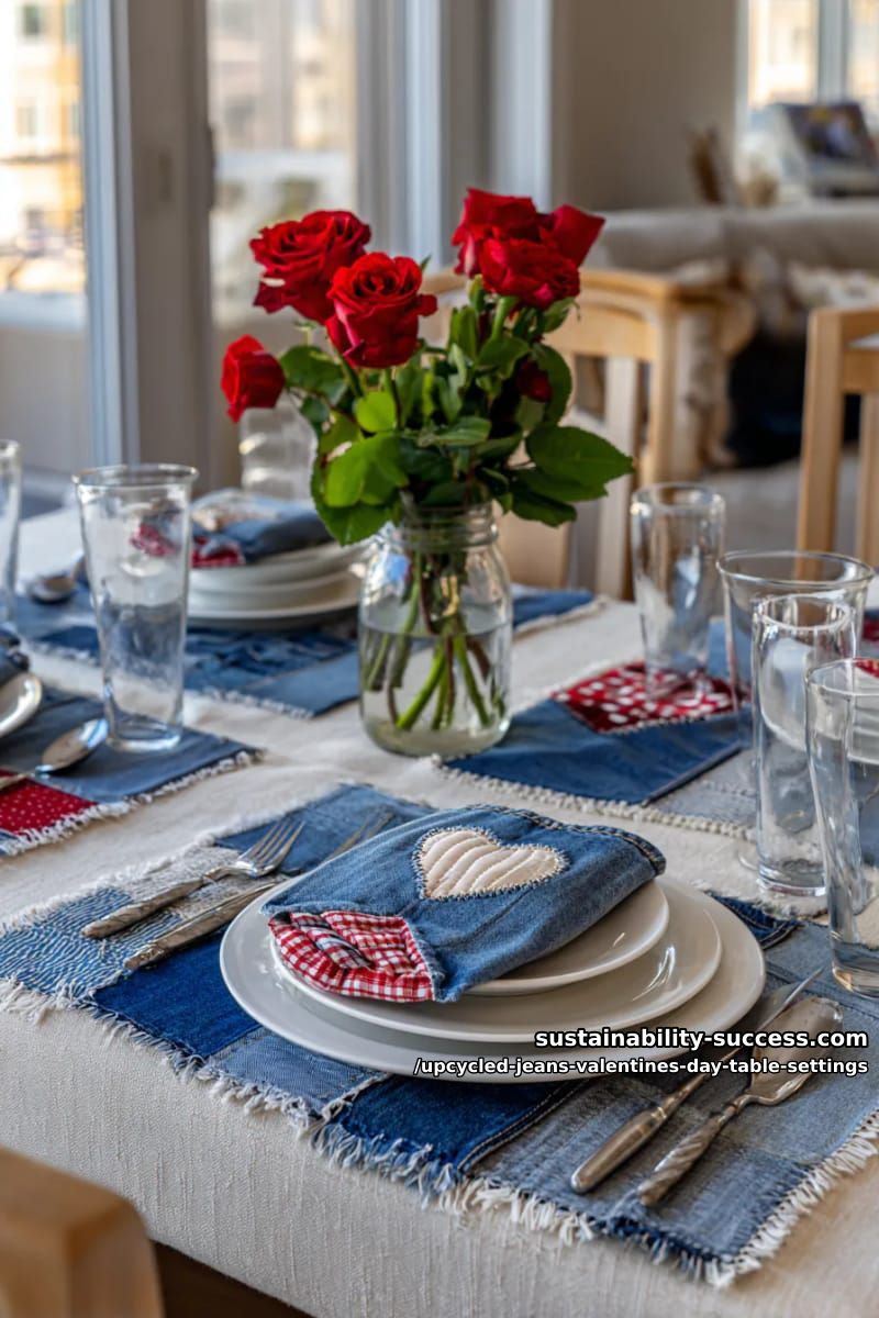 15 Trendy Upcycled Jeans Valentine Table Settings for a Romantic Vibe 12 denim and gingham patchwork coasters in alternating heart and square shapes 1