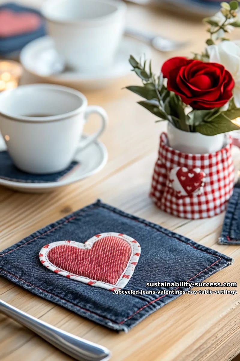 15 Trendy Upcycled Jeans Valentine Table Settings for a Romantic Vibe 13 denim and gingham patchwork coasters in alternating heart and square shapes 1