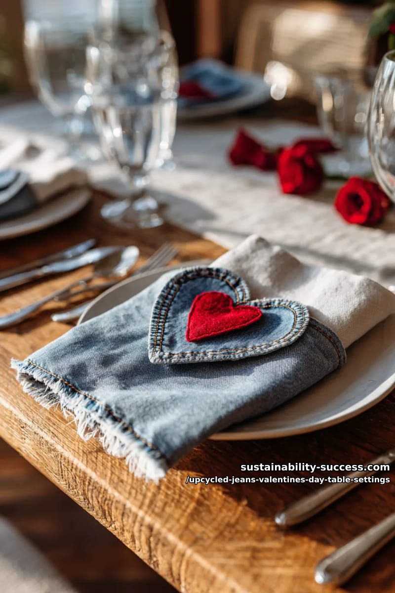15 Trendy Upcycled Jeans Valentine Table Settings for a Romantic Vibe 3 denim heart-shaped pocket napkin holders with tiny red felt love notes inside 1