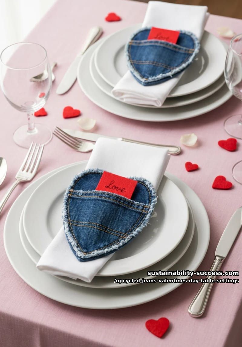 15 Trendy Upcycled Jeans Valentine Table Settings for a Romantic Vibe 4 denim heart-shaped pocket napkin holders with tiny red felt love notes inside 1