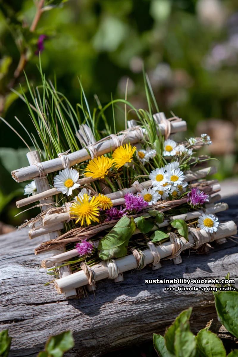 design a nature weaving art piece with sticks, flowers, and grasses 1
