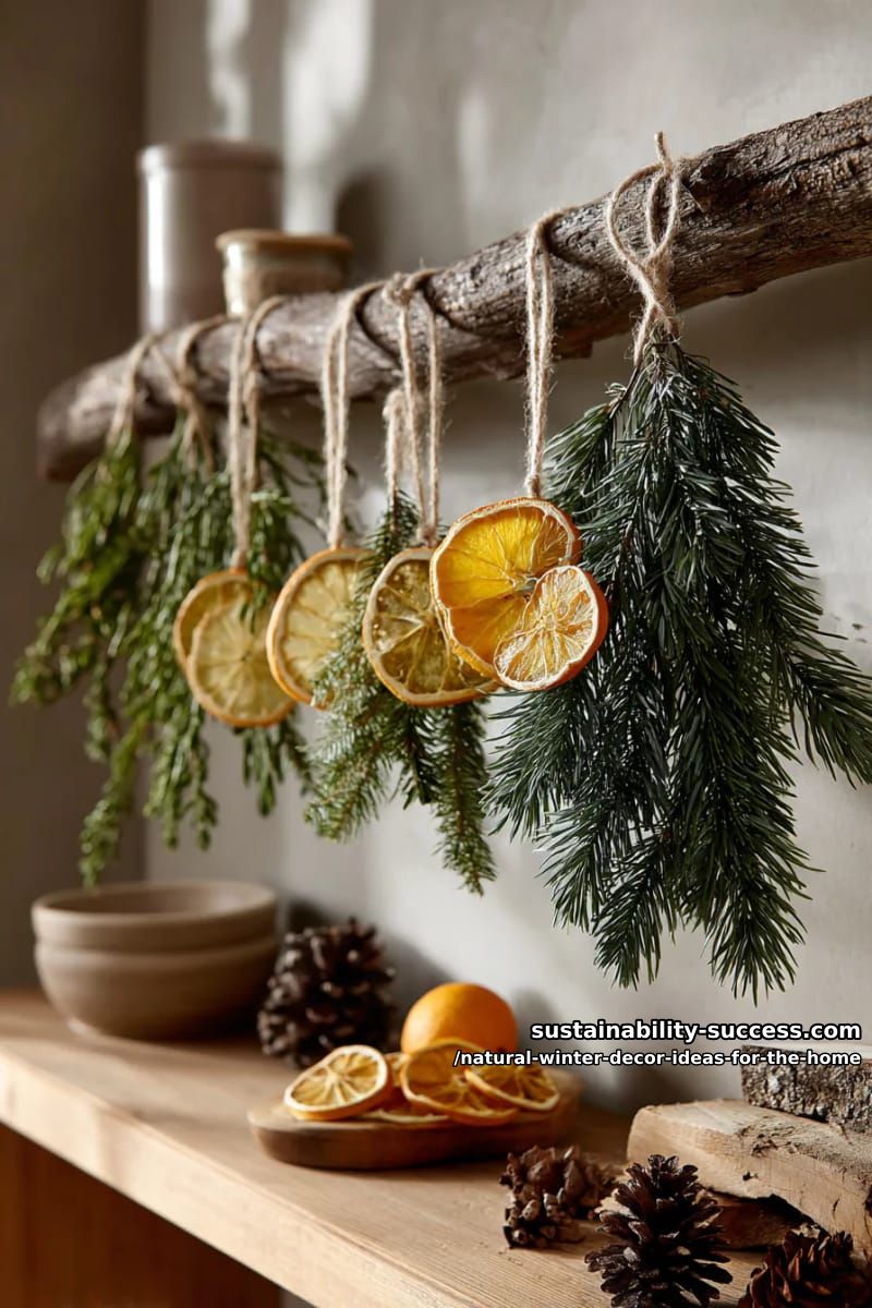 dried orange slice garlands hanging beside foraged pine branches 1