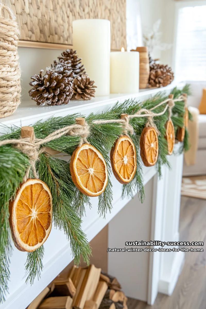 dried orange slice garlands hanging beside foraged pine branches 1