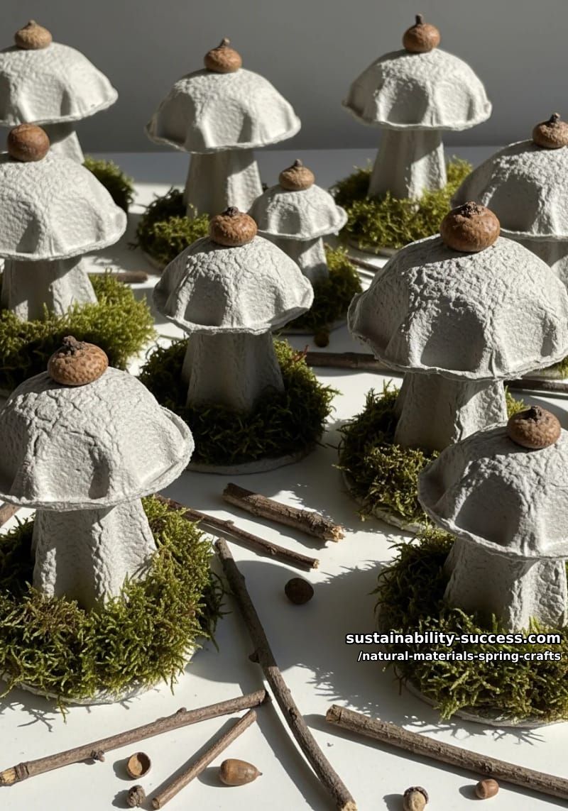 egg carton mushroom sculptures with acorn tops and mossy bases 1