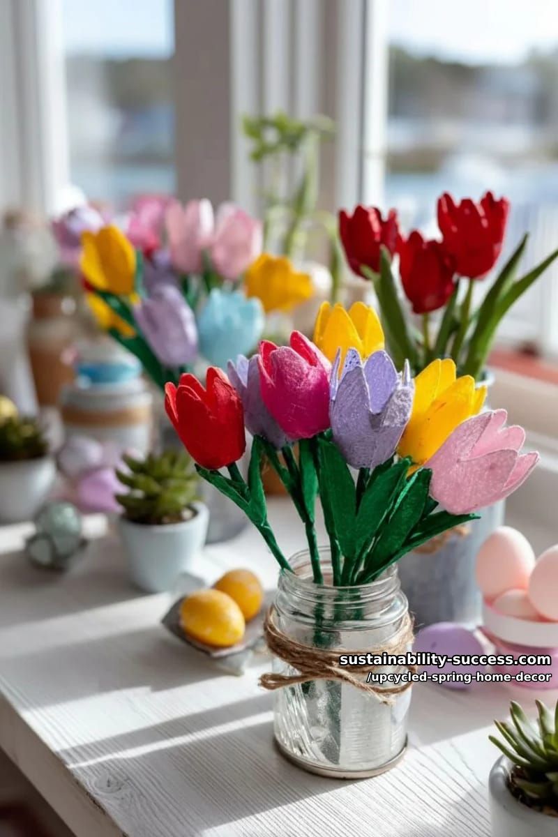 egg cartons shaped into colorful upcycled tulip bouquets for tabletops 1