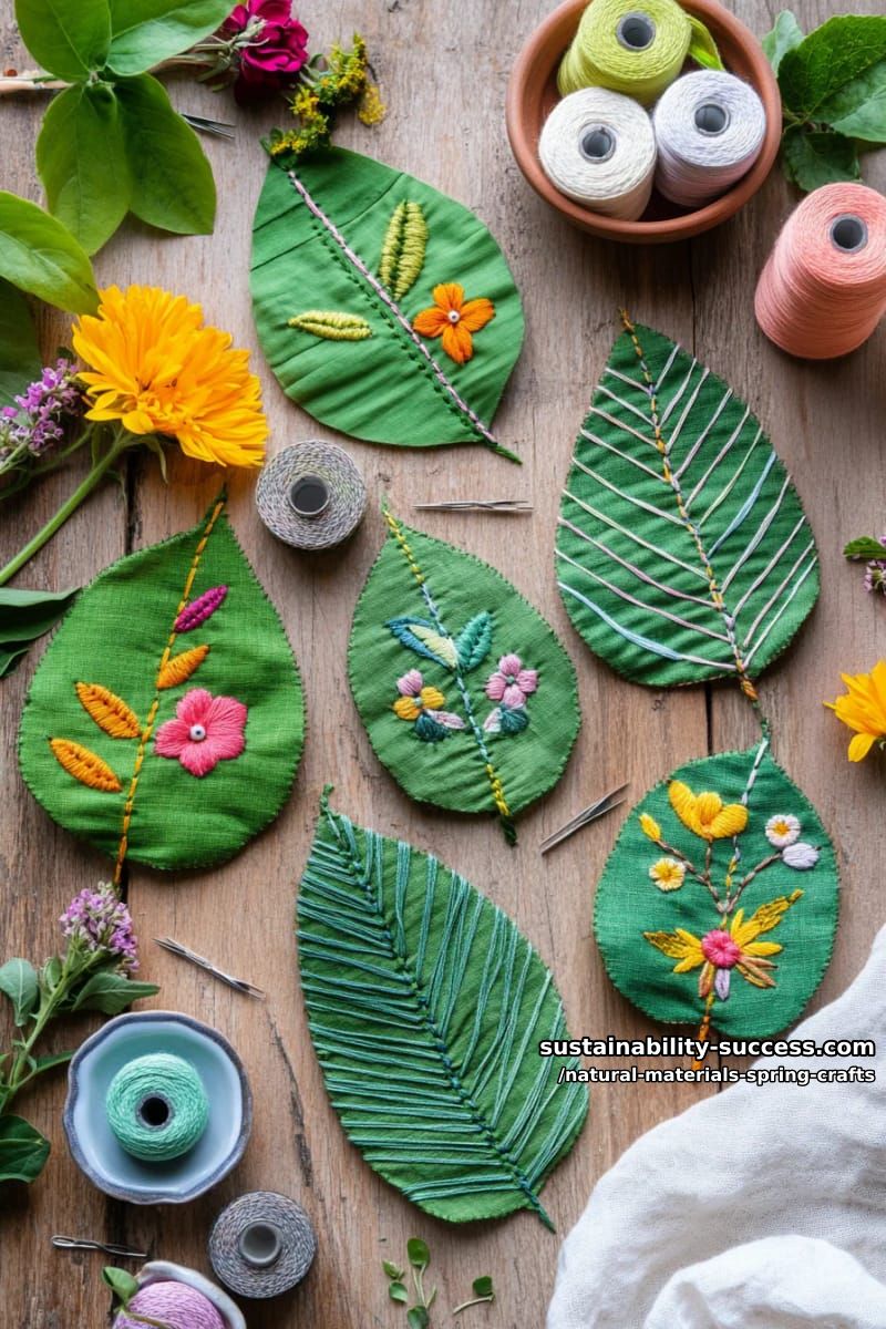 embroidered leaf artwork with vibrant spring thread and real leaves as canvas 1
