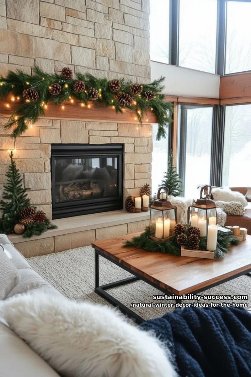 evergreen branch garland draped over natural wood mantel with pinecones 1