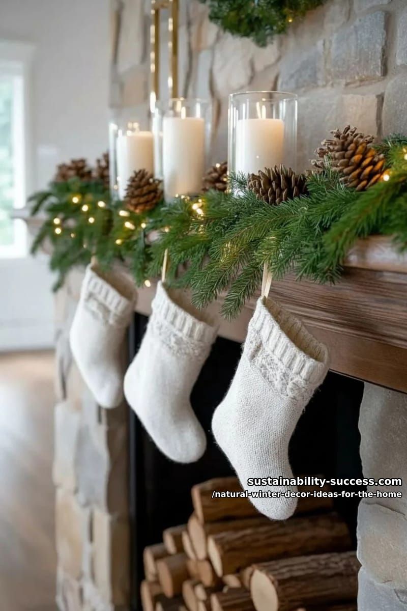 evergreen branch garland draped over natural wood mantel with pinecones 1