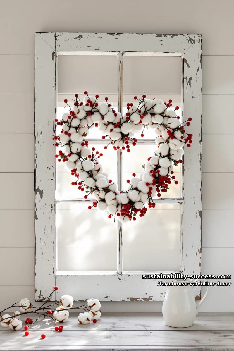 15 Must-Try Farmhouse Valentine Decor Ideas 14 farmhouse window frame adorned with a cotton and berry heart wreath 1