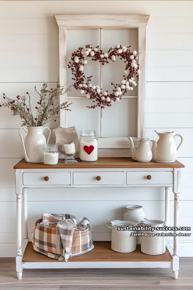 15 Must-Try Farmhouse Valentine Decor Ideas 15 farmhouse window frame adorned with a cotton and berry heart wreath 1