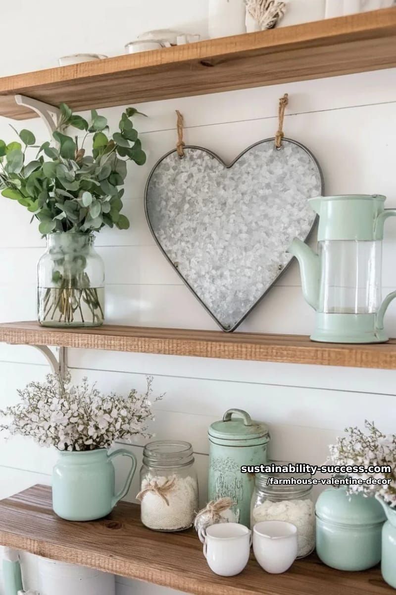 15 Must-Try Farmhouse Valentine Decor Ideas 34 galvanized metal heart wall art paired with dried eucalyptus stems 1