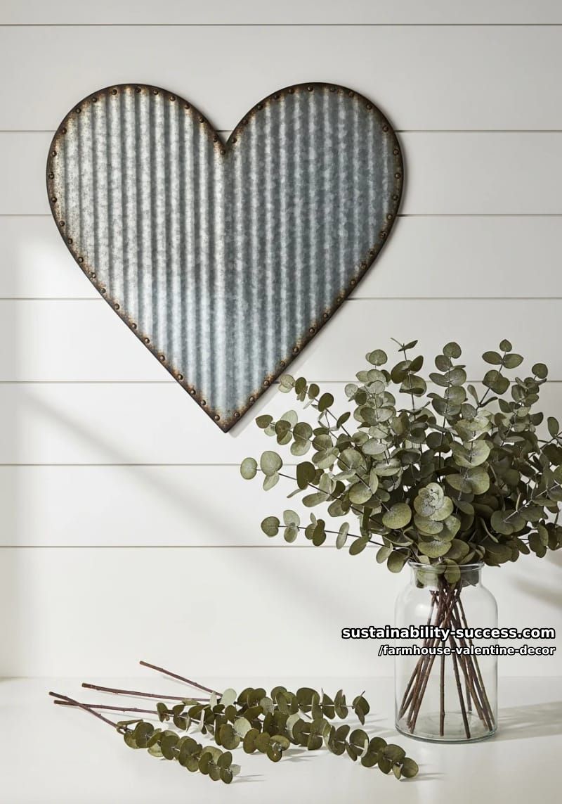 15 Must-Try Farmhouse Valentine Decor Ideas 35 galvanized metal heart wall art paired with dried eucalyptus stems 1