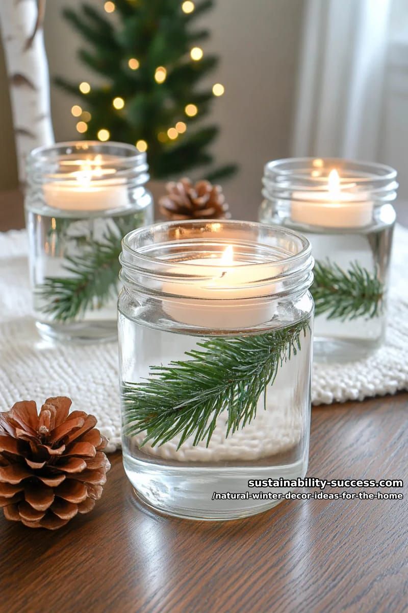 glass jars filled with floating candles and fresh spruce sprigs 1