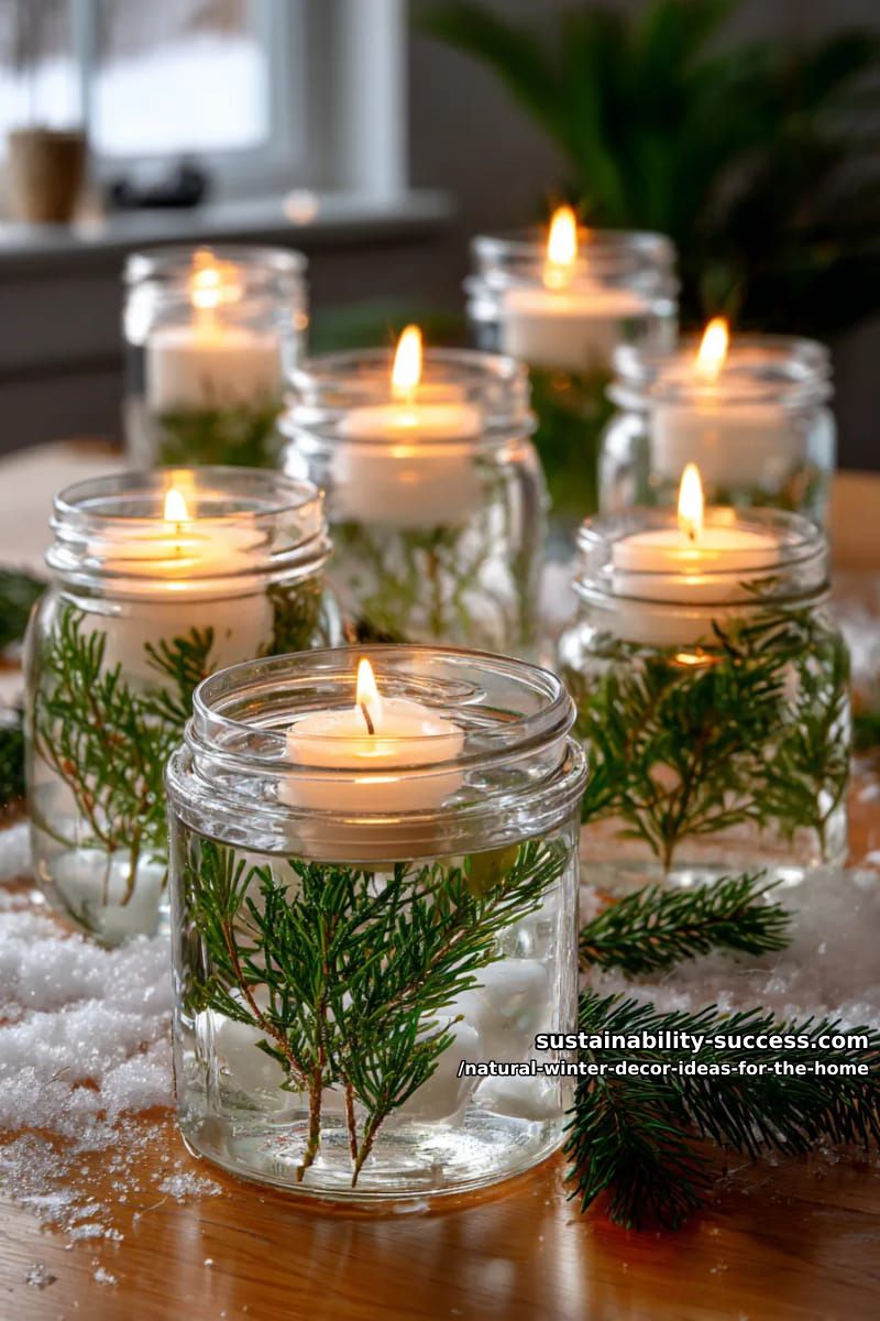 glass jars filled with floating candles and fresh spruce sprigs 1