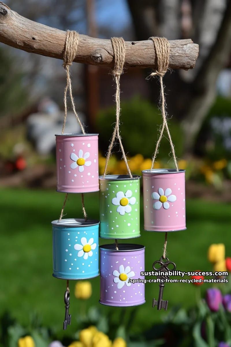 hanging wind chimes using tin cans, painted in spring rainbow colors 4