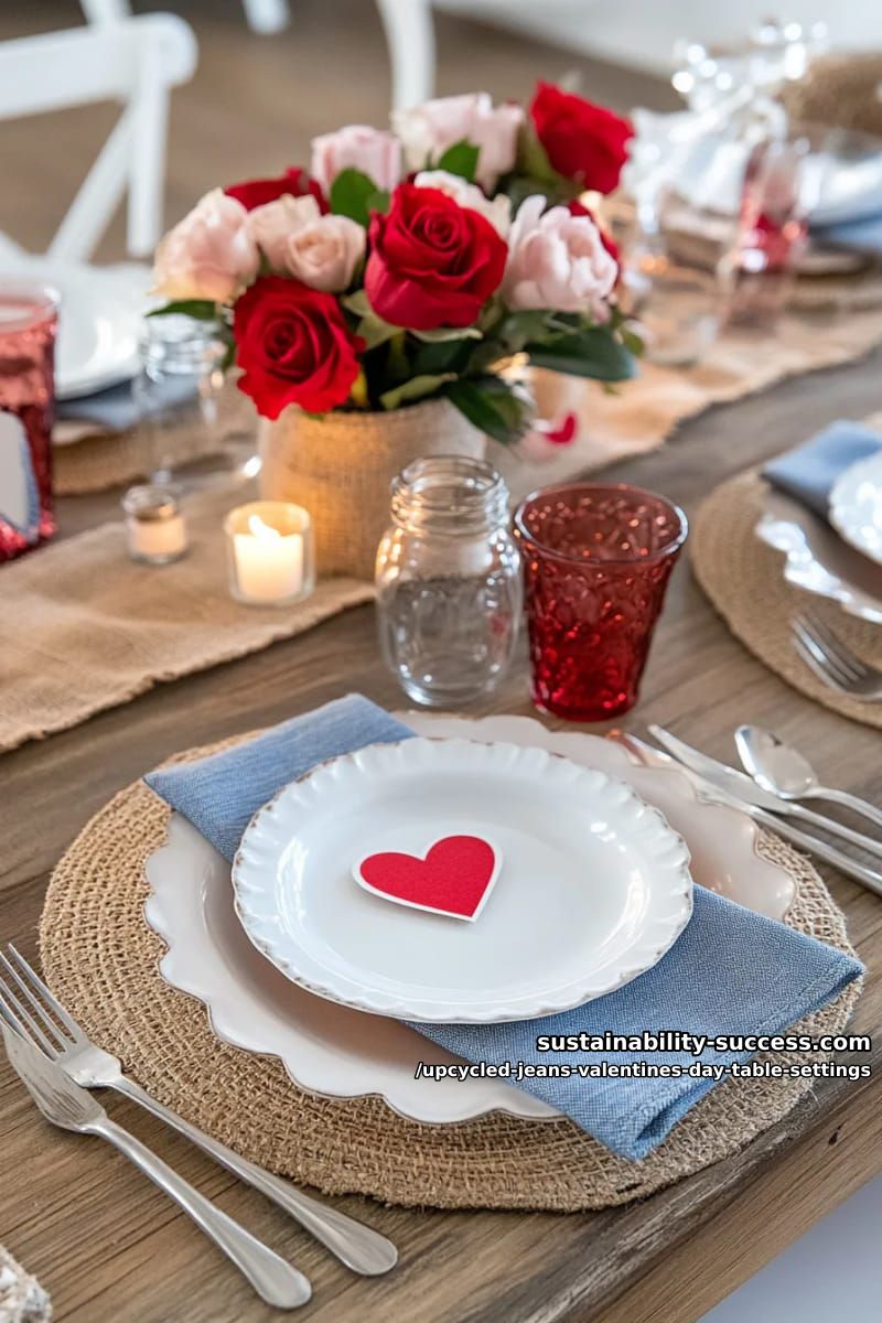15 Trendy Upcycled Jeans Valentine Table Settings for a Romantic Vibe 18 layered denim and burlap charger plates with scalloped edges 1