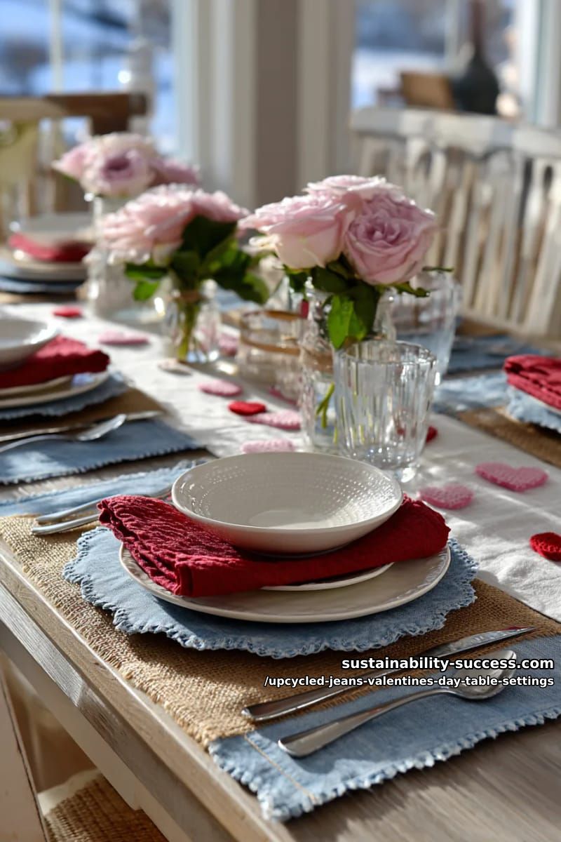 15 Trendy Upcycled Jeans Valentine Table Settings for a Romantic Vibe 19 layered denim and burlap charger plates with scalloped edges 1