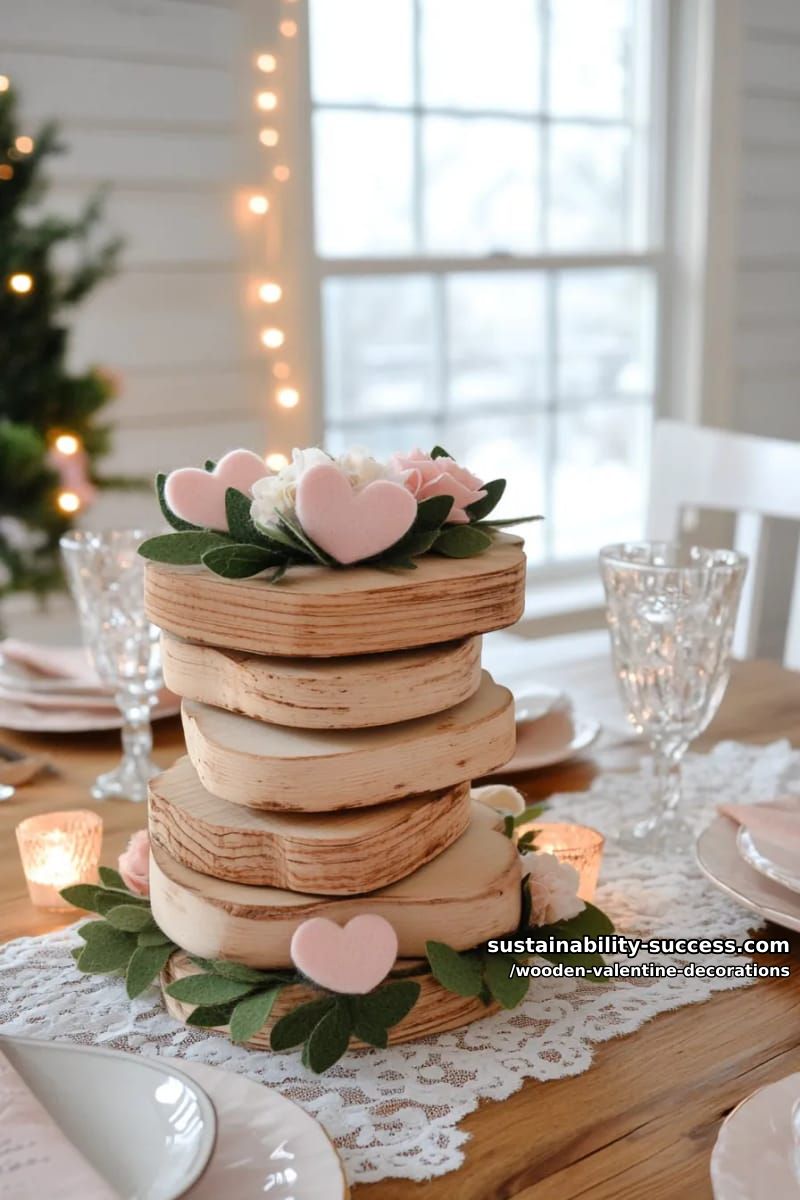 15 Elegant Wooden Valentine Decorations You’ll Love 4 layered wooden hearts centerpiece with pink felt floral accents 1