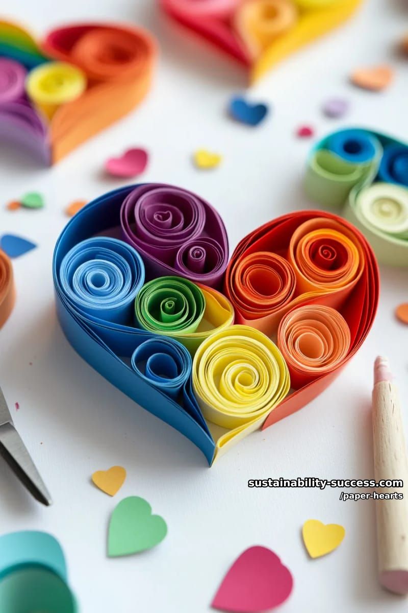 Sustainable Lifestyle Articles 2 make rainbow quilled paper hearts layered for a vibrant effect. 13