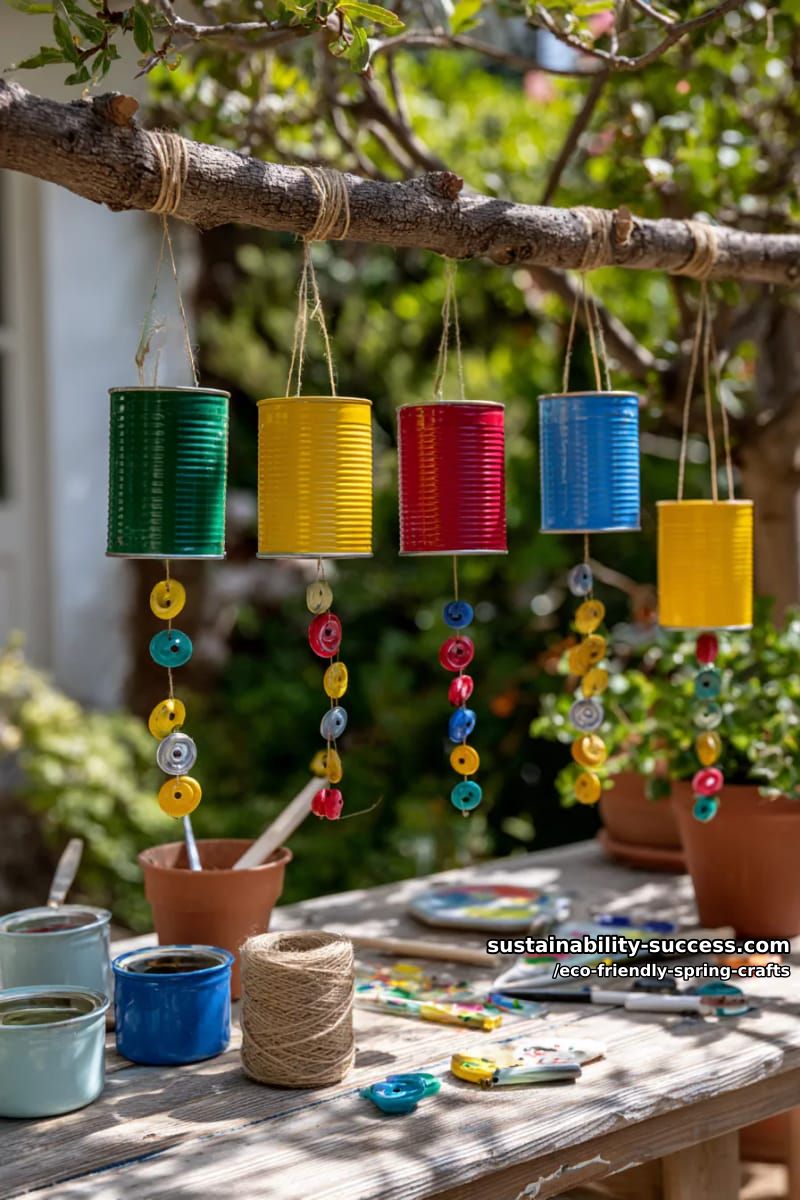make whimsical wind chimes using tin cans and colorful bottle caps 1