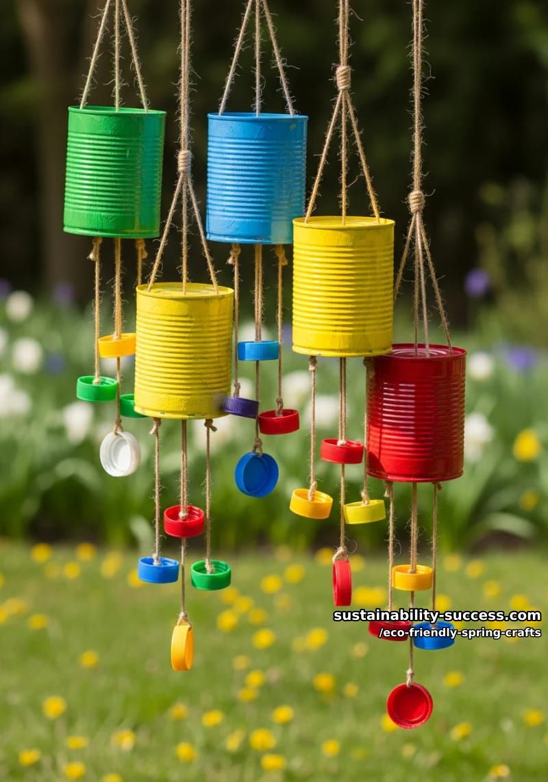 make whimsical wind chimes using tin cans and colorful bottle caps 1