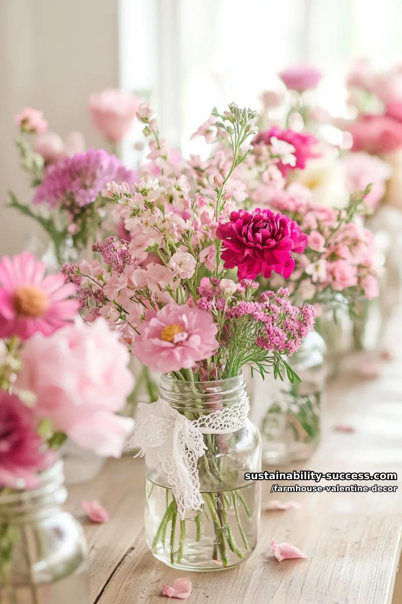 15 Must-Try Farmhouse Valentine Decor Ideas 12 mason jars filled with pink wildflowers and tied with lace ribbon bows 1