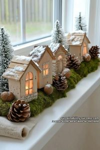 mini wooden houses nestled in a windowsill forest of fir and moss 33