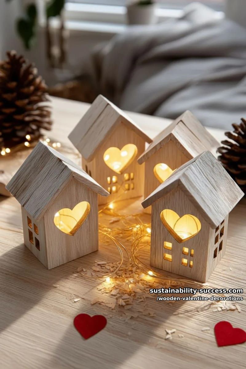 15 Elegant Wooden Valentine Decorations You’ll Love 18 mini wooden houses with heart windows and fairy lights 1