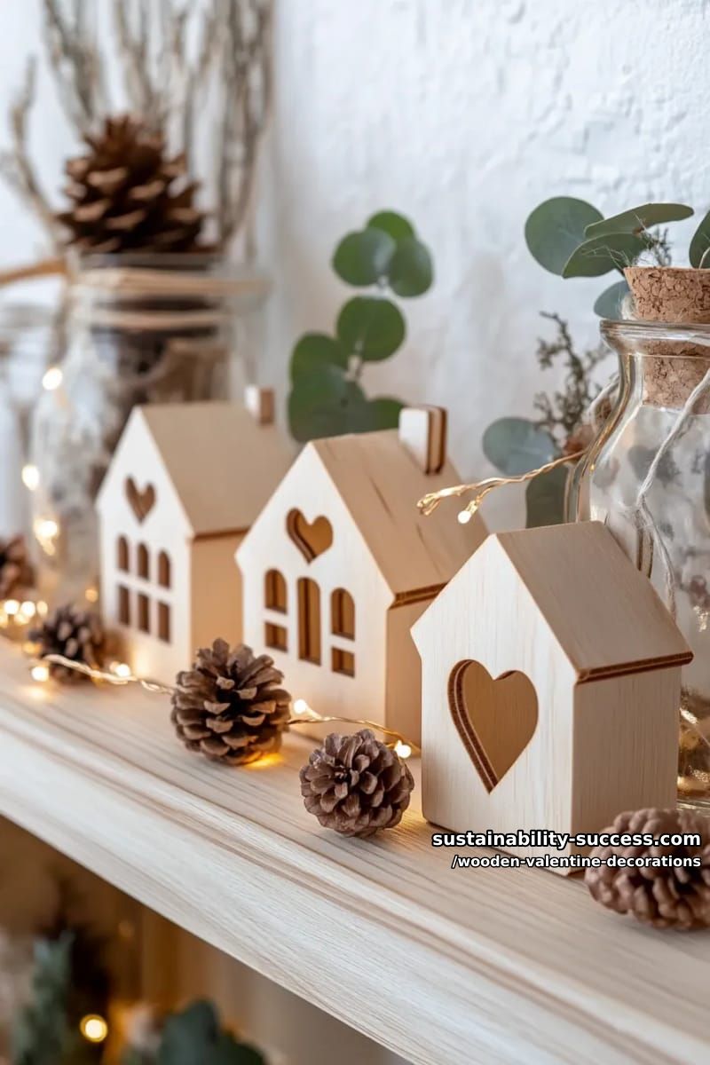 15 Elegant Wooden Valentine Decorations You’ll Love 20 mini wooden houses with heart windows and fairy lights 1