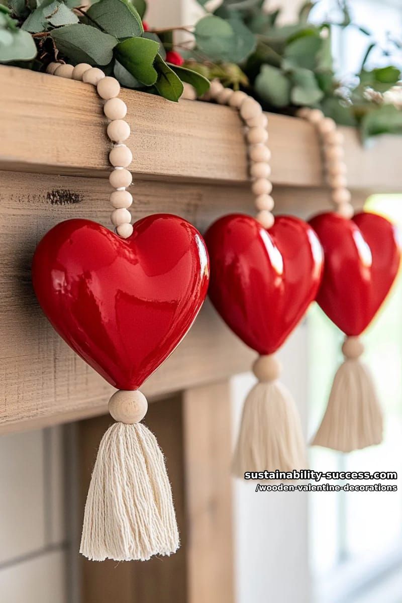 15 Elegant Wooden Valentine Decorations You’ll Love 14 painted red heart ornaments strung with wooden beads and tassels 1