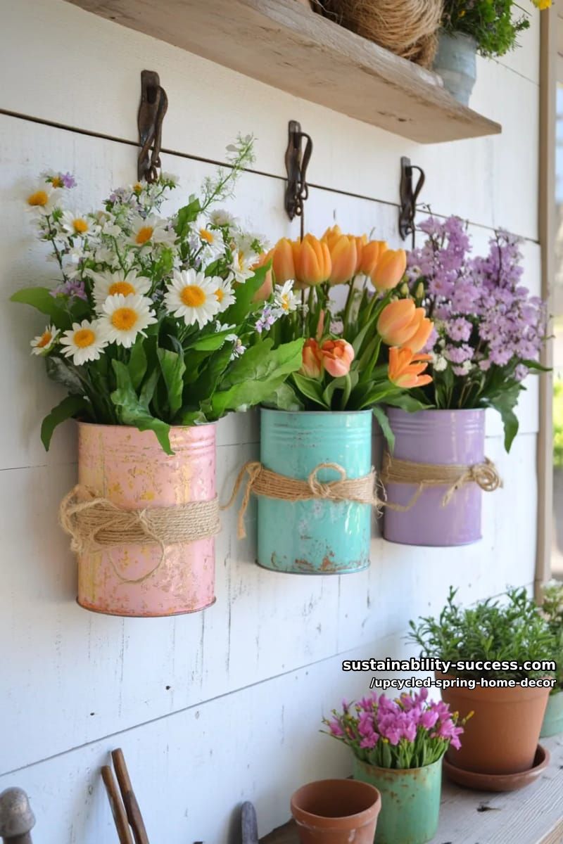 painted tin cans turned into vibrant rustic spring flower wall sconces 1