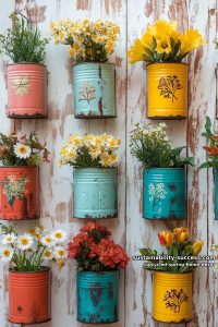 painted tin cans turned into vibrant rustic spring flower wall sconces 8