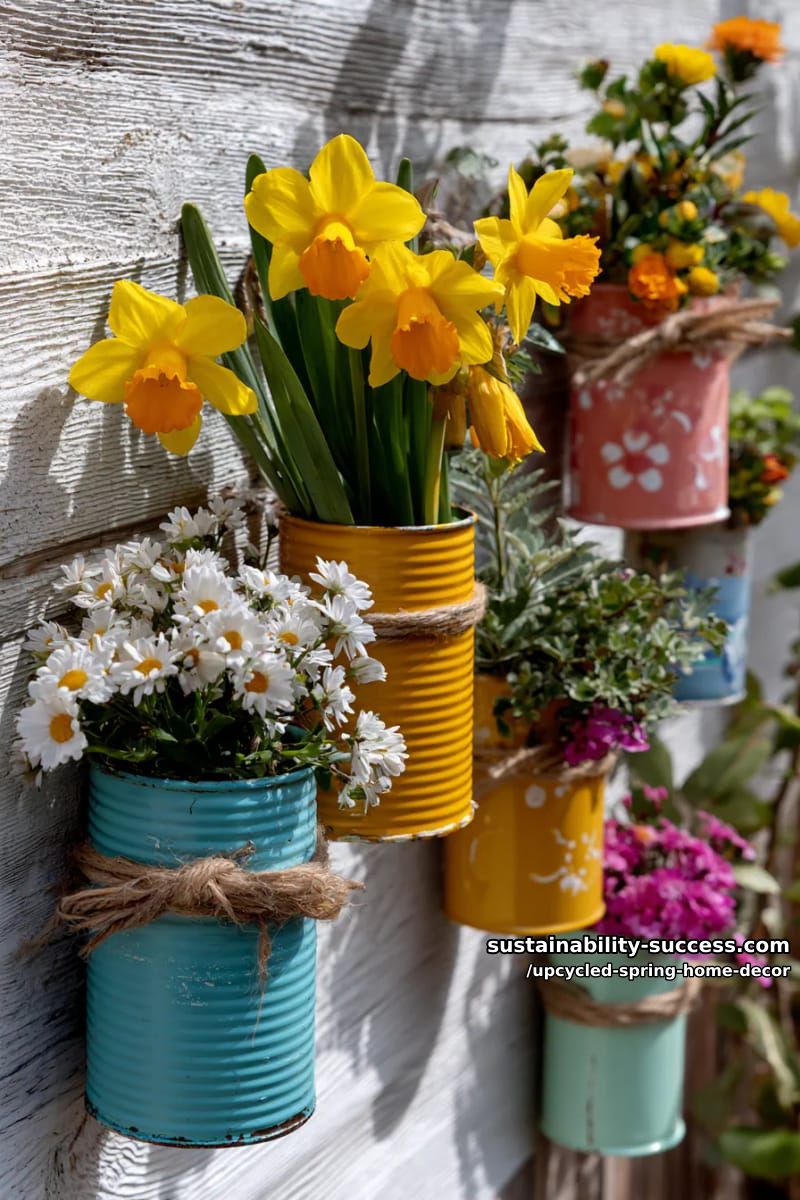 painted tin cans turned into vibrant rustic spring flower wall sconces 1