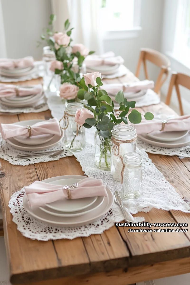 15 Must-Try Farmhouse Valentine Decor Ideas 39 pale pink ticking stripe napkins tied with twine and tiny heart charms 1