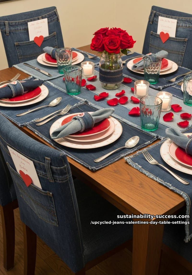 15 Trendy Upcycled Jeans Valentine Table Settings for a Romantic Vibe 22 pocketed denim chair backers holding personalized valentine’s cards 1