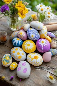 rainbow rock mosaics with hand-collected pebbles and painted floral patterns 14