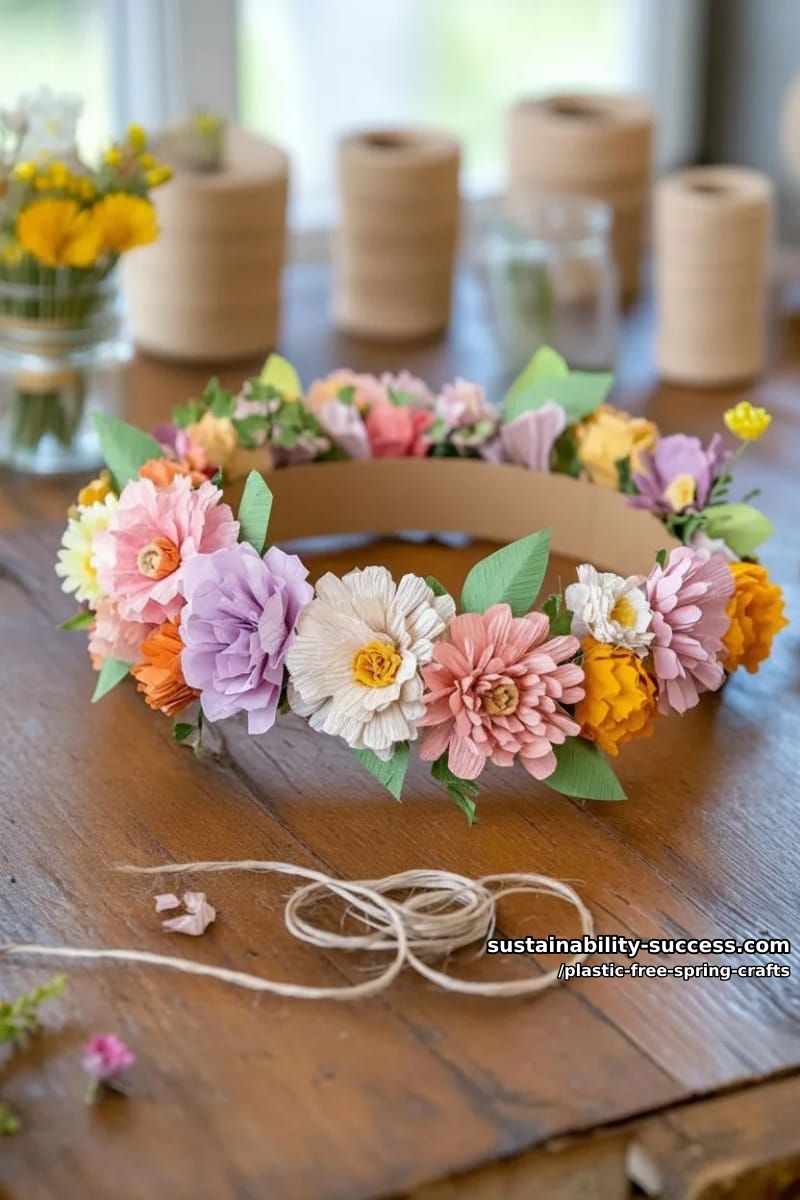 recycled cardboard flower crowns with tissue paper blossoms 1