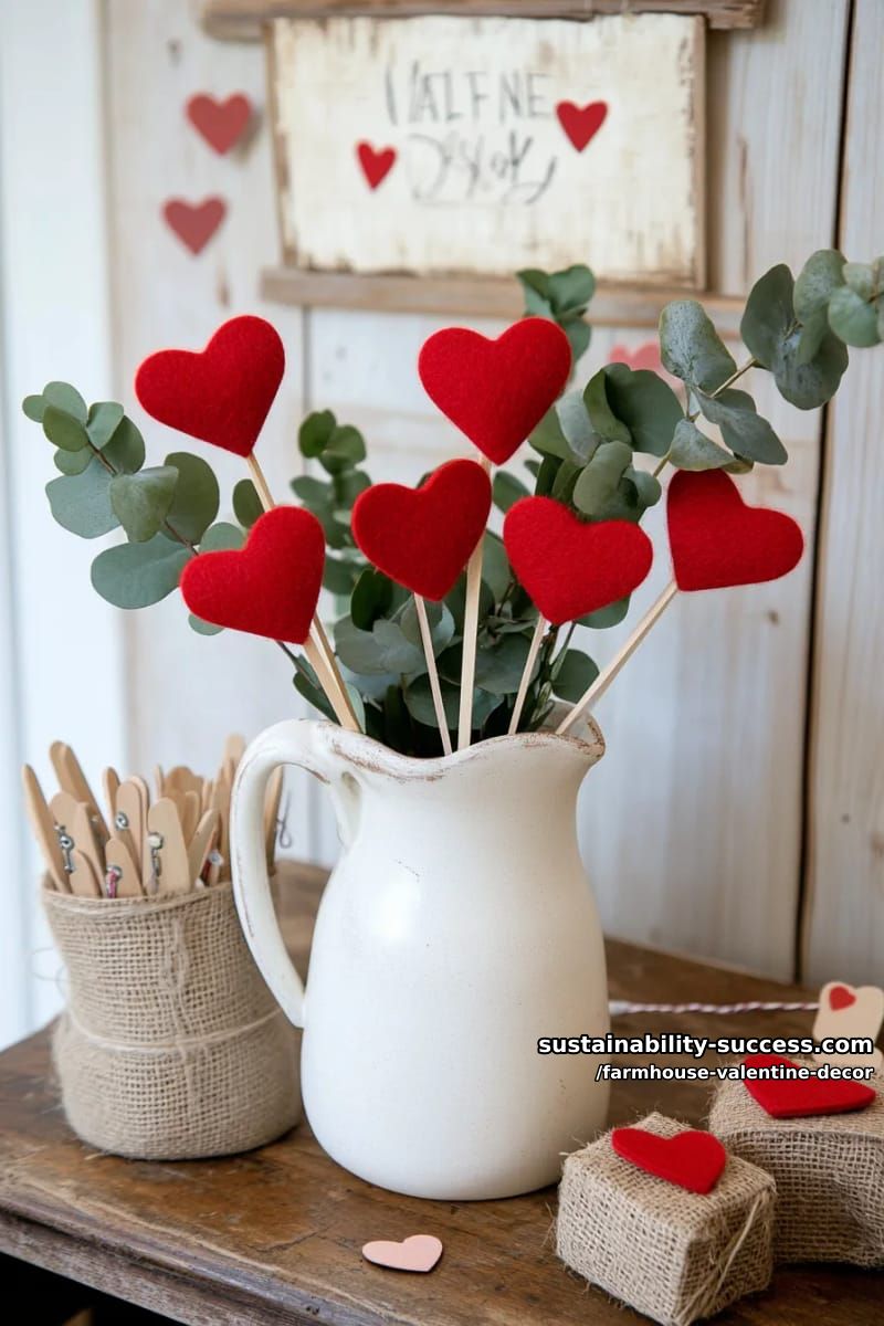 15 Must-Try Farmhouse Valentine Decor Ideas 24 repurposed milk jug vase holding a bouquet of red felt hearts 1