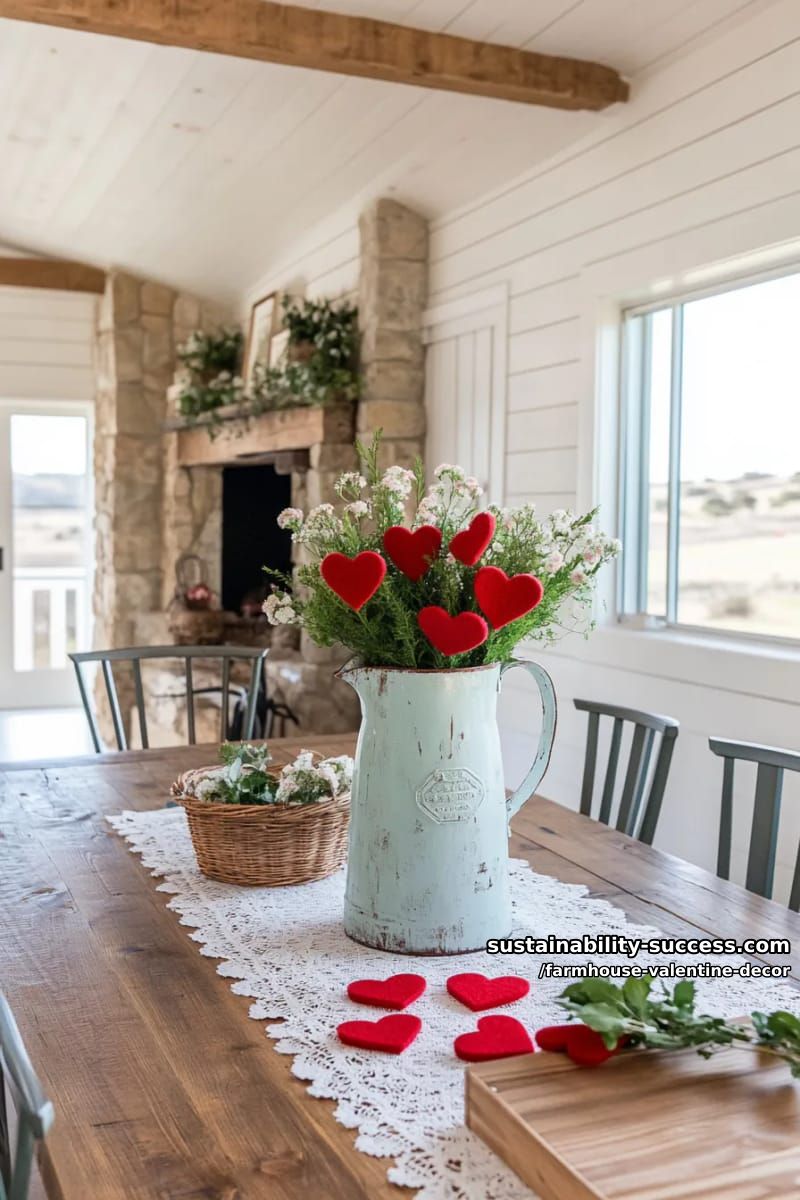 15 Must-Try Farmhouse Valentine Decor Ideas 25 repurposed milk jug vase holding a bouquet of red felt hearts 1
