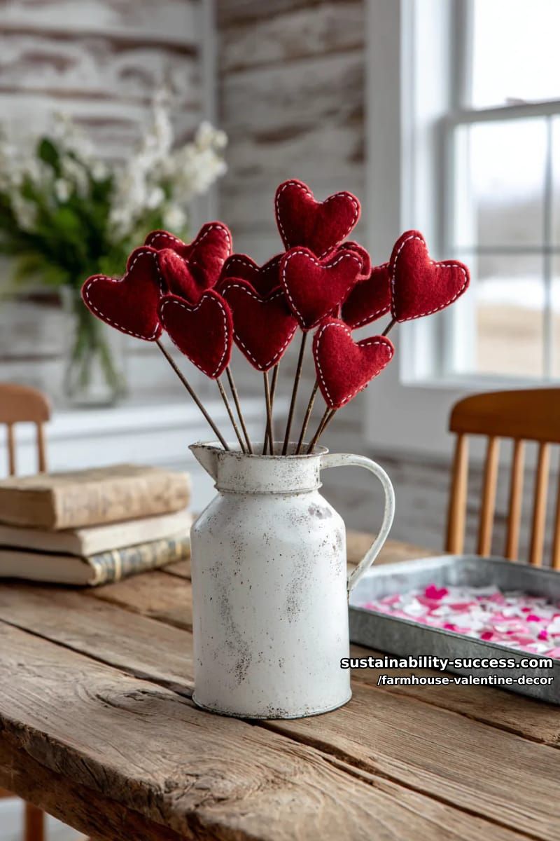 15 Must-Try Farmhouse Valentine Decor Ideas 26 repurposed milk jug vase holding a bouquet of red felt hearts 1