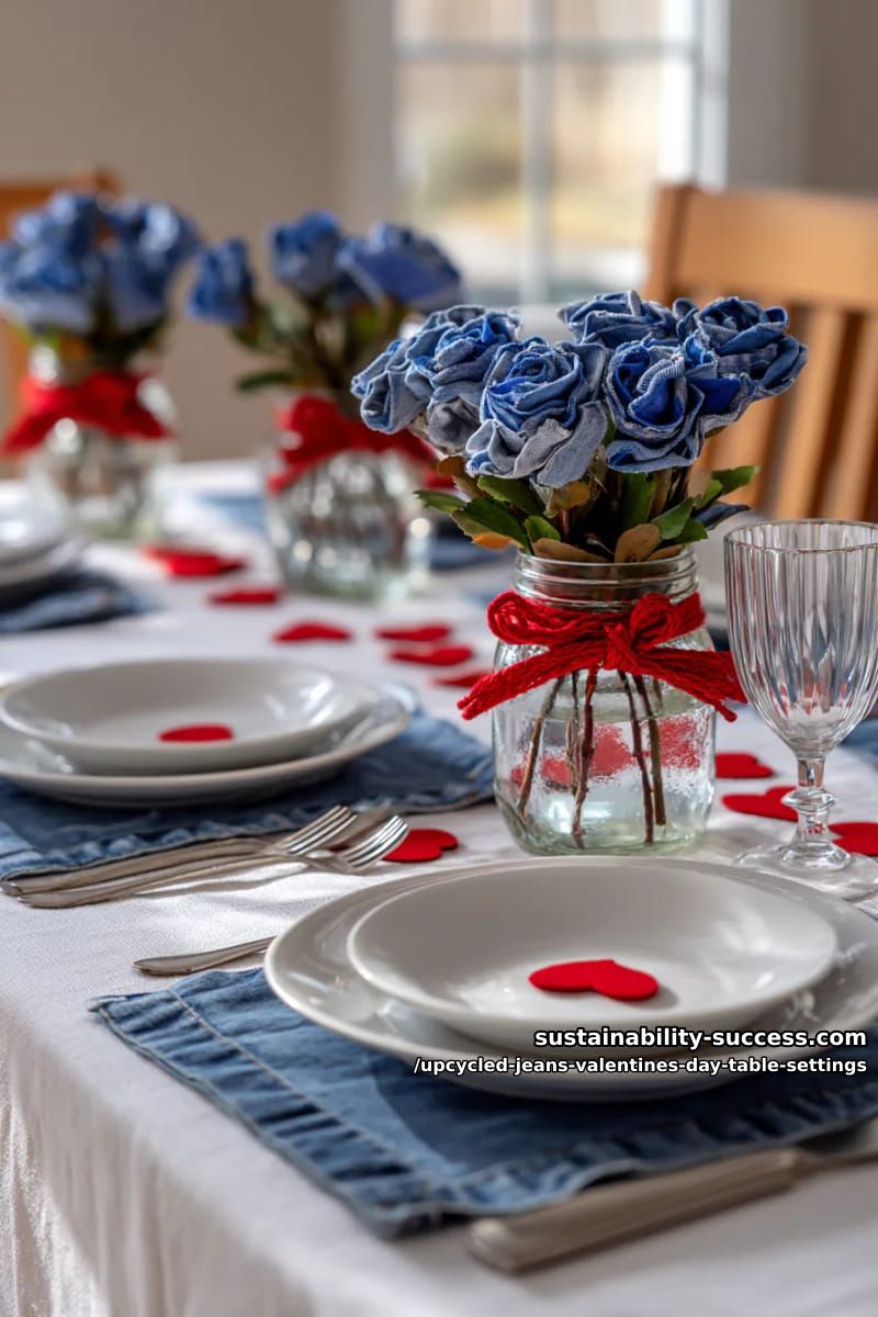 15 Trendy Upcycled Jeans Valentine Table Settings for a Romantic Vibe 25 rolled denim roses in glass jars wrapped with red yarn bows 1